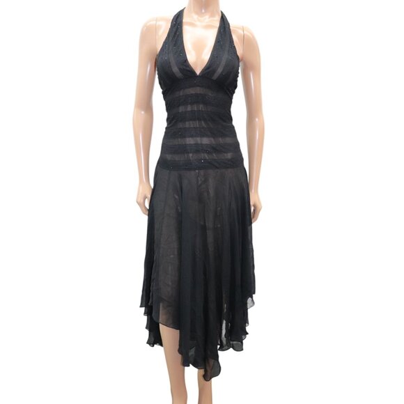 Y2K BCBGMaxazria Midi Dress Whimsigoth Silk Lace Gown Black Halter Neck 8 - Picture 1 of 7